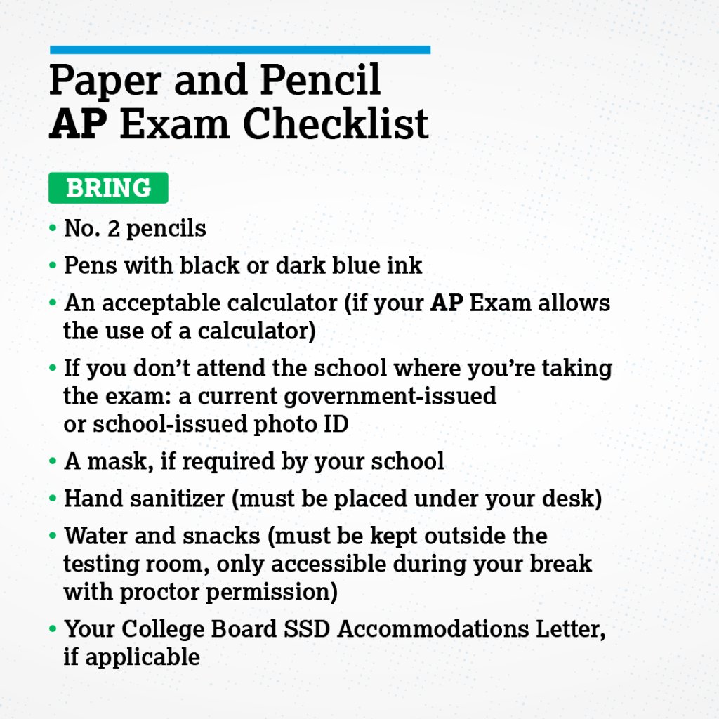 CollegeBoard's tweet image. Here's
✅ what you should bring
and
❌ what you should NOT bring
to your paper and pencil AP Exams.

See more: spr.ly/6017H7EbF.