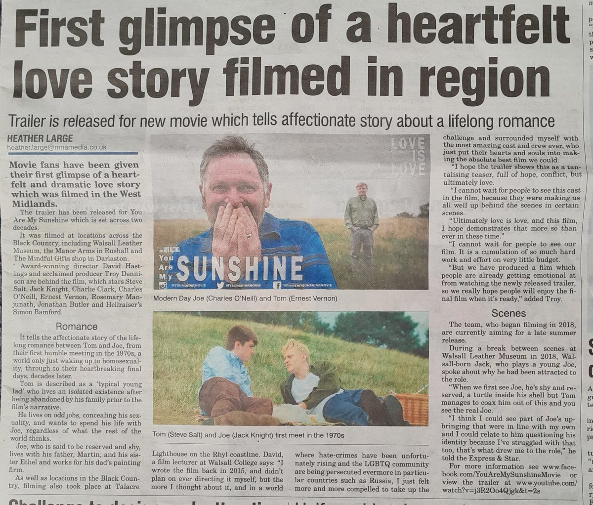 You Are My Sunshine (@mysunshinemovie) on Twitter photo Thanks again to the wonderful <a href="/HeatherL_Star/">Heather Large</a> <a href="/ExpressandStar/">Express & Star</a> for featuring <a href="/MySunshineMovie/">You Are My Sunshine</a> & helping us get the word out about such a wonderful cast & crew! 🌈❤📽 #film #movie #Goodtimes #LGBTQ #LGBTQIAllUnited #gay #trailer #Filmmaking #youaremysunshine #inspirational Thanks again to the wonderful <a href="/HeatherL_Star/">Heather Large</a> <a href="/ExpressandStar/">Express & Star</a> for featuring <a href="/MySunshineMovie/">You Are My Sunshine</a> & helping us get the word out about such a wonderful cast & crew! 🌈❤📽 #film #movie #Goodtimes #LGBTQ #LGBTQIAllUnited #gay #trailer #Filmmaking #youaremysunshine #inspirational