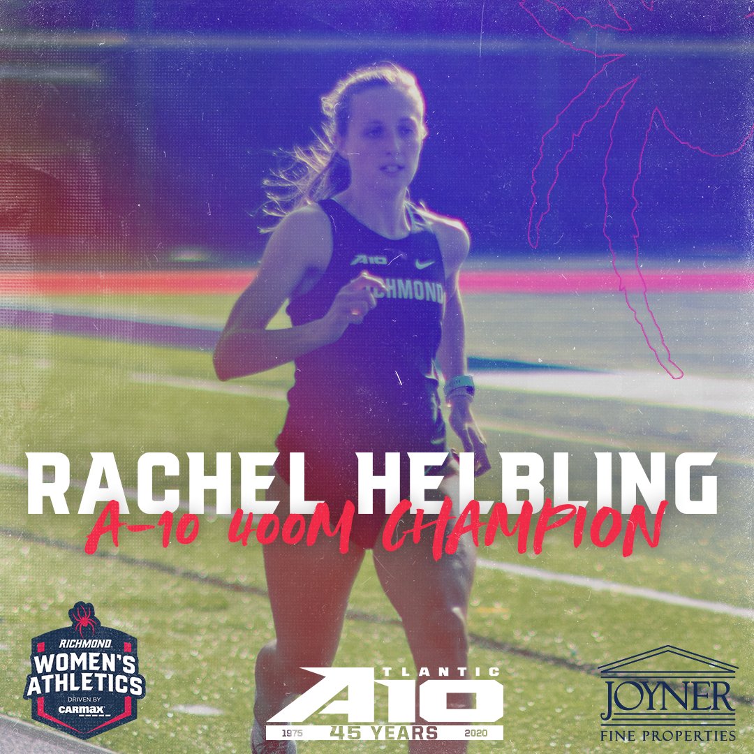 RichmondXCTF's tweet photo. 400m #A10WOTF
A-10 CHAMPION!

Rachel Helbling wins the 400m with a personal best time of 53.58! #OneRichmond https://t.co/kGWEh8EEix