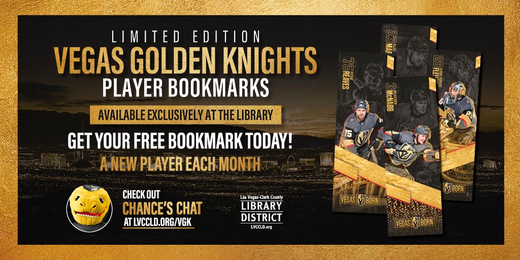 LVCCLD's tweet photo. Stop by any of our 25 branch libraries to pick up the latest Vegas @GoldenKnights Collectible Player Bookmark featuring @nabber03π ! And read the new @ChanceNhl Chat where you can find out all the items #Nabber loves to check out: π https://t.co/GUZDVnf8Ll #GoKnightsGo https://t.co/fTrUyoyNig