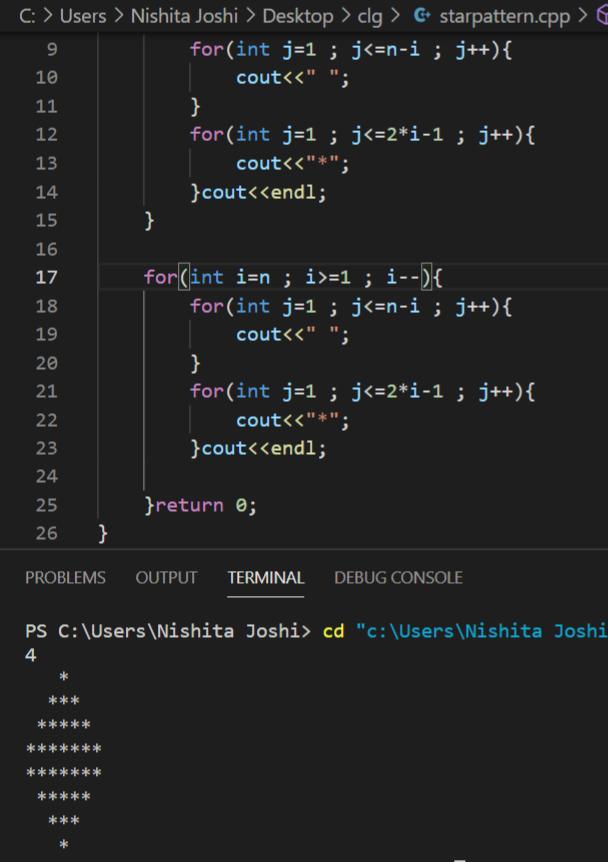 NishitaJoshi20's tweet image. Today I practiced some amazing question on pattern , such as questions on forming zig zag pattern ,star pattern ,butterfly pattern using loops .
#day3ofcode
#100DaysOfCode
#WomenWhoCode #womenintech #c++ #coding #programming #language