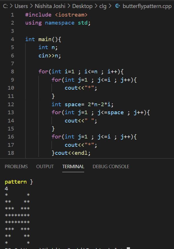 NishitaJoshi20's tweet image. Today I practiced some amazing question on pattern , such as questions on forming zig zag pattern ,star pattern ,butterfly pattern using loops .
#day3ofcode
#100DaysOfCode
#WomenWhoCode #womenintech #c++ #coding #programming #language