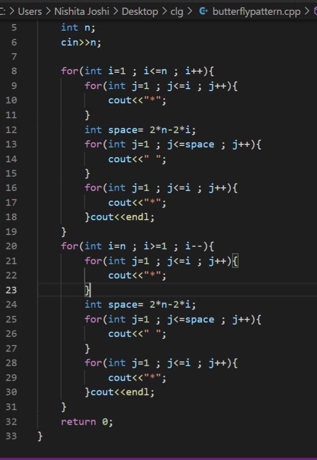 NishitaJoshi20's tweet image. Today I practiced some amazing question on pattern , such as questions on forming zig zag pattern ,star pattern ,butterfly pattern using loops .
#day3ofcode
#100DaysOfCode
#WomenWhoCode #womenintech #c++ #coding #programming #language