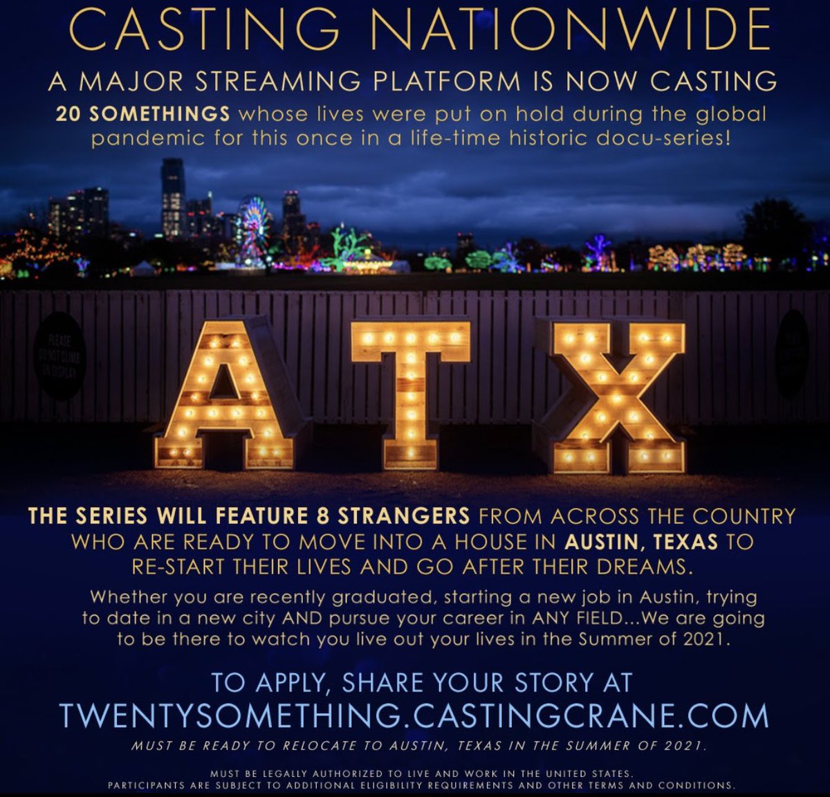 Raph176's tweet photo. Casting an awesome new show for a MAJOR streaming platform β looking for people who are wanting to move to Austin TX in the summer! Free rent if you are selected!! #austintx #movingtoaustin #movetoaustin #movetoaustintx https://t.co/ulcxqgw5pI