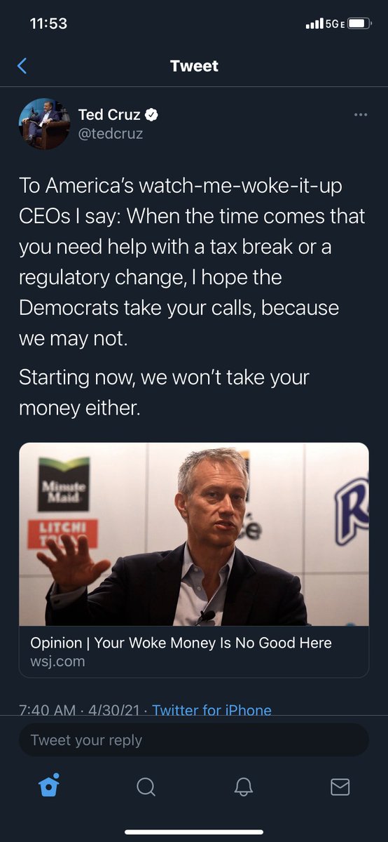 kmnall's tweet photo. Lol at Ted Cruz threatening to turn away corporate donors. Way to own those libs. 😂😂 https://t.co/QmWdQNFMgx