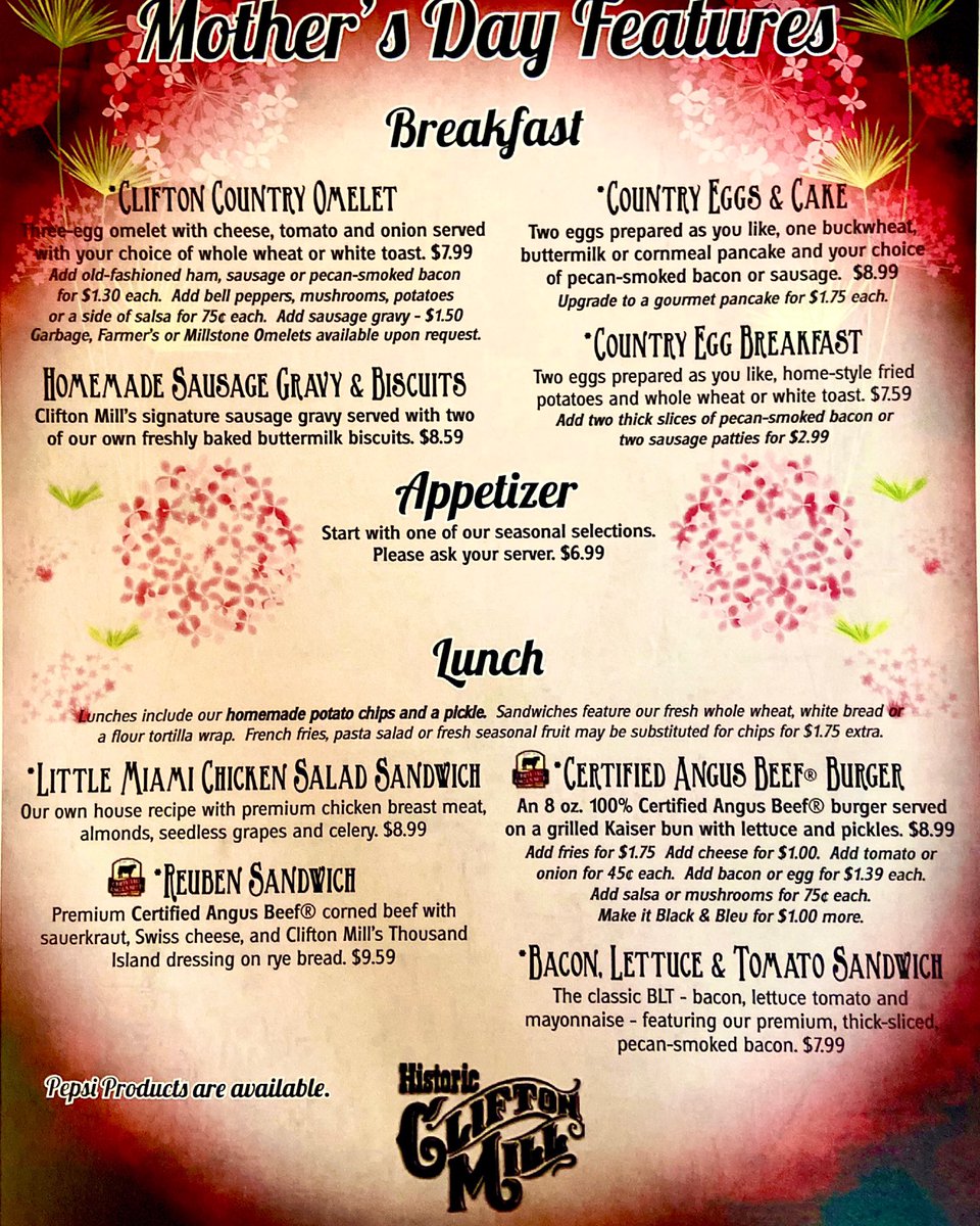 How about celebrating #MothersDay at Historic Clifton Mill Sunday, May 9, 8am to 5pm. No reservations required and a special gift for mom while supplies last. For more call (937) 767-5501.