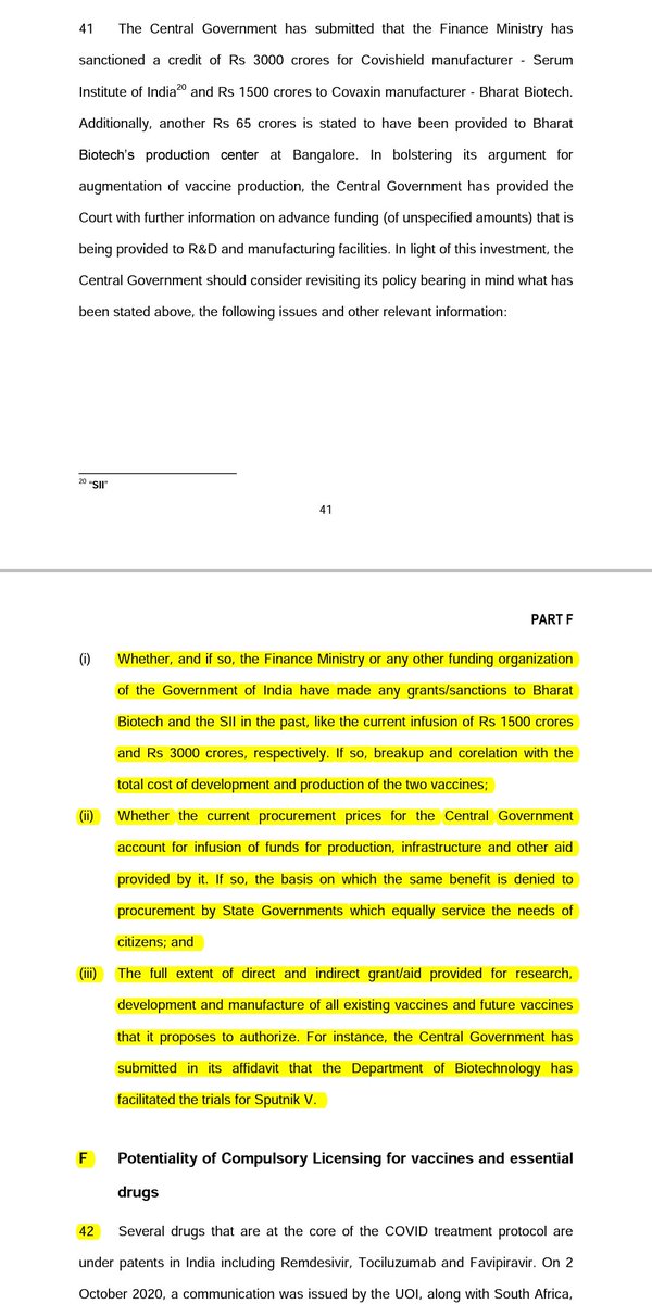 PaliSamuel's tweet photo. #SupremeCourt asks for clarification of basis for differential pricing of #CovidVaccine for the Centre and States, asks Centre to consider issuing a #CompulsoryLicense for drugs like #Remdesivir and says that public interest must be paramount so as to achieve #VaccineForAll 3/n https://t.co/lIy3FRzPqs