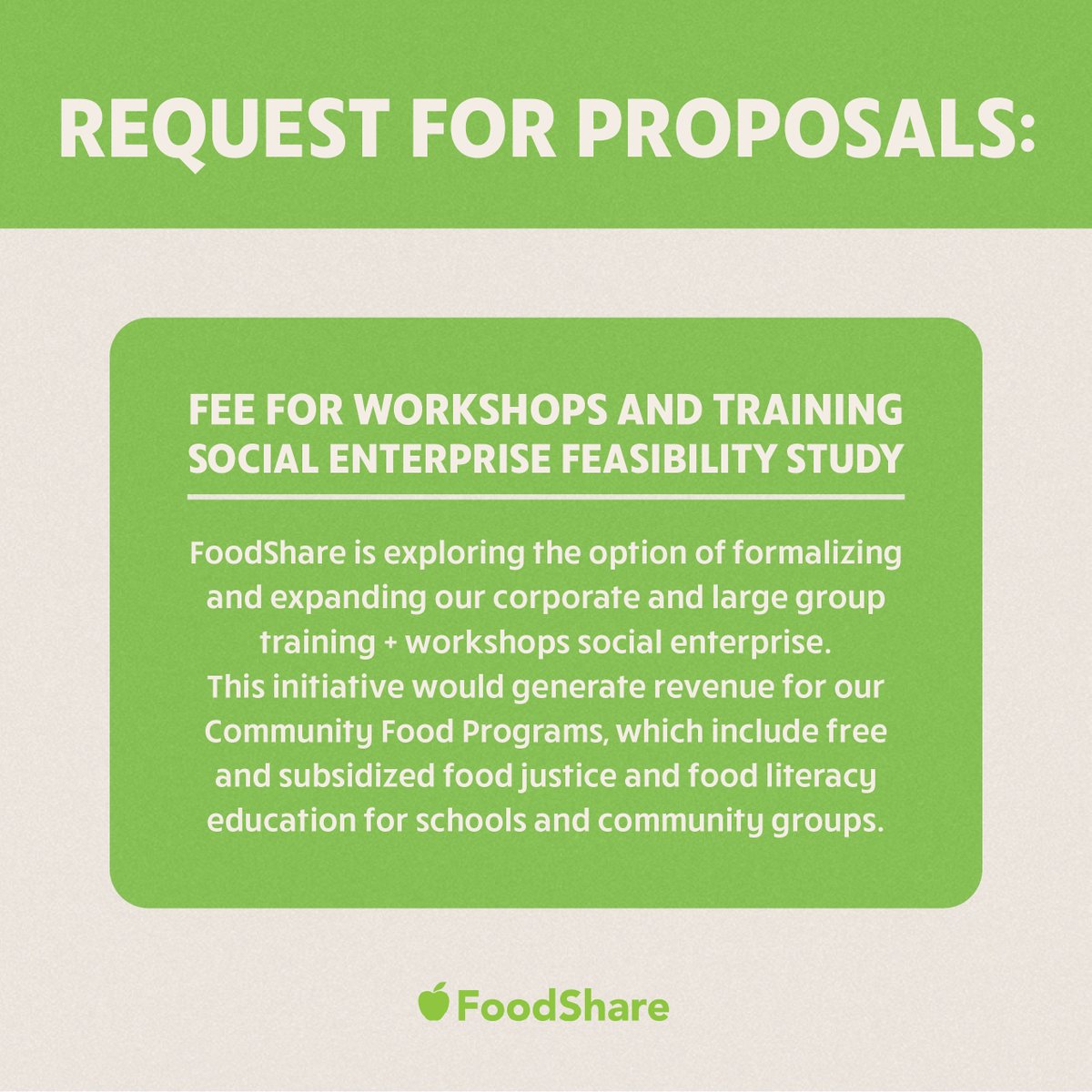 Request for Proposals ❗ We are seeking proposals to help develop our social enterprises in three areas: 🌿 garden installation services; 📝 non-profit training; and 💰 fee for workshops &amp; training. Read more: foodshare.net/request-for-pr…