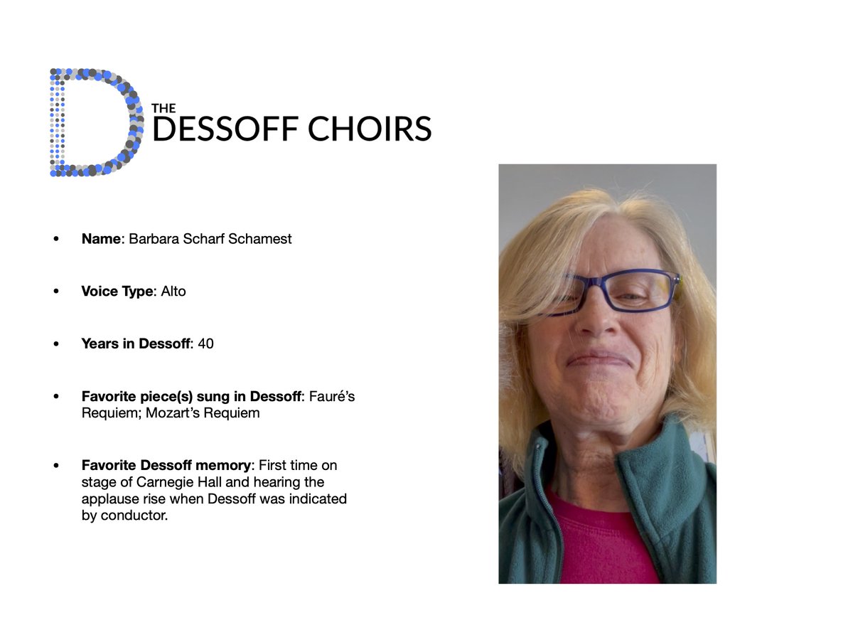 We are very happy to begin our month-long membership spotlight today with Barbara Scharf Schamest! We hope you will celebrate with us on May 24th at Dessoff Dialogue: Dessoff Strong – The Song Continues! More info here: dessoff.org/events/2021/5/…