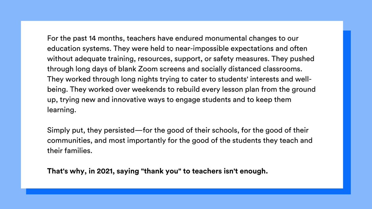 Tomorrow marks the beginning of #TeacherAppreciationWeek. But in 2021, saying "thank you" to teachers isn't enough.