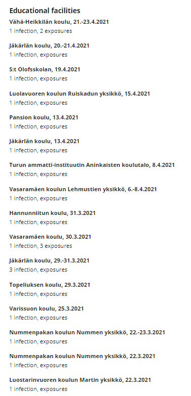 For example, where I live in Turku, you can read about the exposures here:  https://www.turku.fi/en/news/2021-03-22_infections-and-exposures-detected-city-turku-units