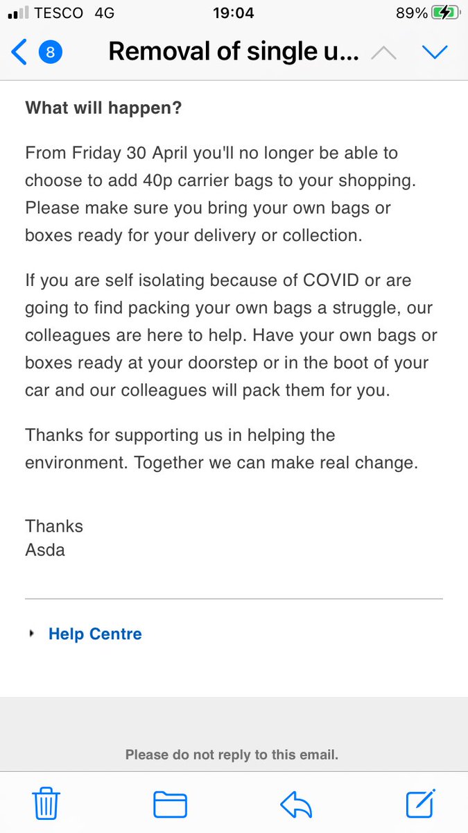 Thanks ⁦<a href="/AsdaServiceTeam/">Asda Service Team</a>⁩ for your informative email informing me I will no longer have a choice about whether I wish to have my shopping delivered in bags! 😳🙄😏All I can say is, your loss will be ⁦<a href="/Morrisons/">Morrisons</a>⁩ gain; have cancelled all my future Asda orders today. 💁‍♀️