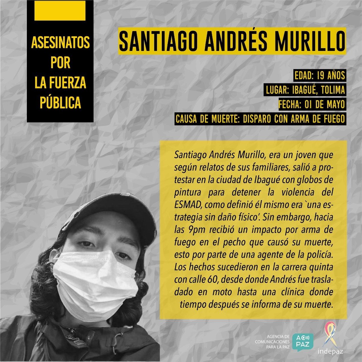 That was the mother of Santiago. He was killed while trying to stop the ESMAD with paint balloons, described as a defensive tactic to make them back up. As Santiago, there are +30 more assassinated on the hands of the State.