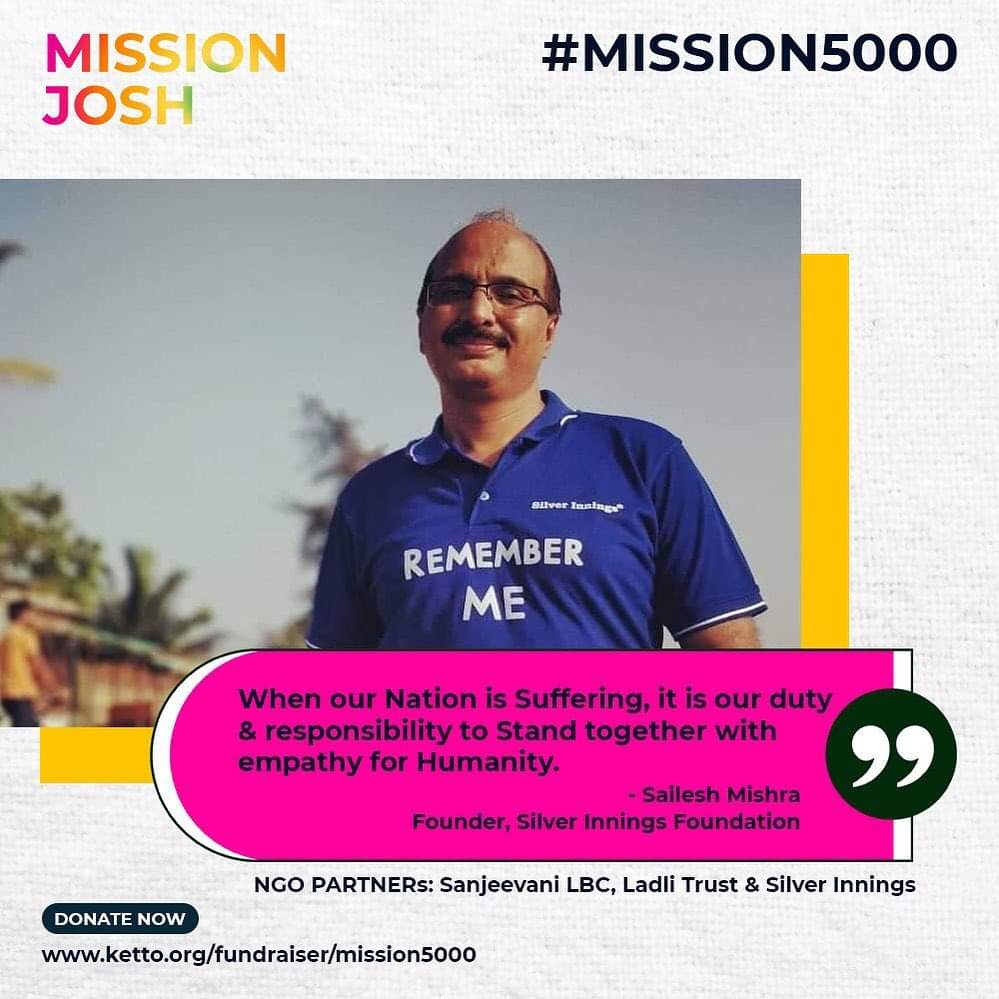 Meet @sailesh2000 Founder @silverinnings NGO partner #Mission5000 
Campaign led, supported by @TulsikumarTK @farhanahaque Farhana Haque, Dr Pratap Dighavkar, @kettoindia 
@mansidhanak @vinavb 

#MissionJosh #Mission5000 #SocialImpact #TulsiKumar #GlobalLeaders #SocialInitiative