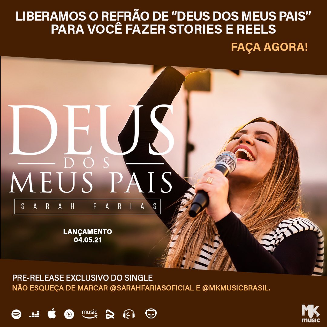 Wow. Liberamos o refrão de “Deus dos Meus Pais”, da <a href="/SarahFariass/">Sarah Farias</a>, no <a href="/instagram/">Instagram</a> e @Facebook Compartilhe sua história e não esqueça de nos marcar! 😉 #ContaPraTodoMundo #PreRelease 
📌 PRE-SAVE: mkmusic.ffm.to/deusdosmeuspais 
📌 LIVE RED CARPET: gospel.mk/redcarpetsf 
#MKéMaisDigital
