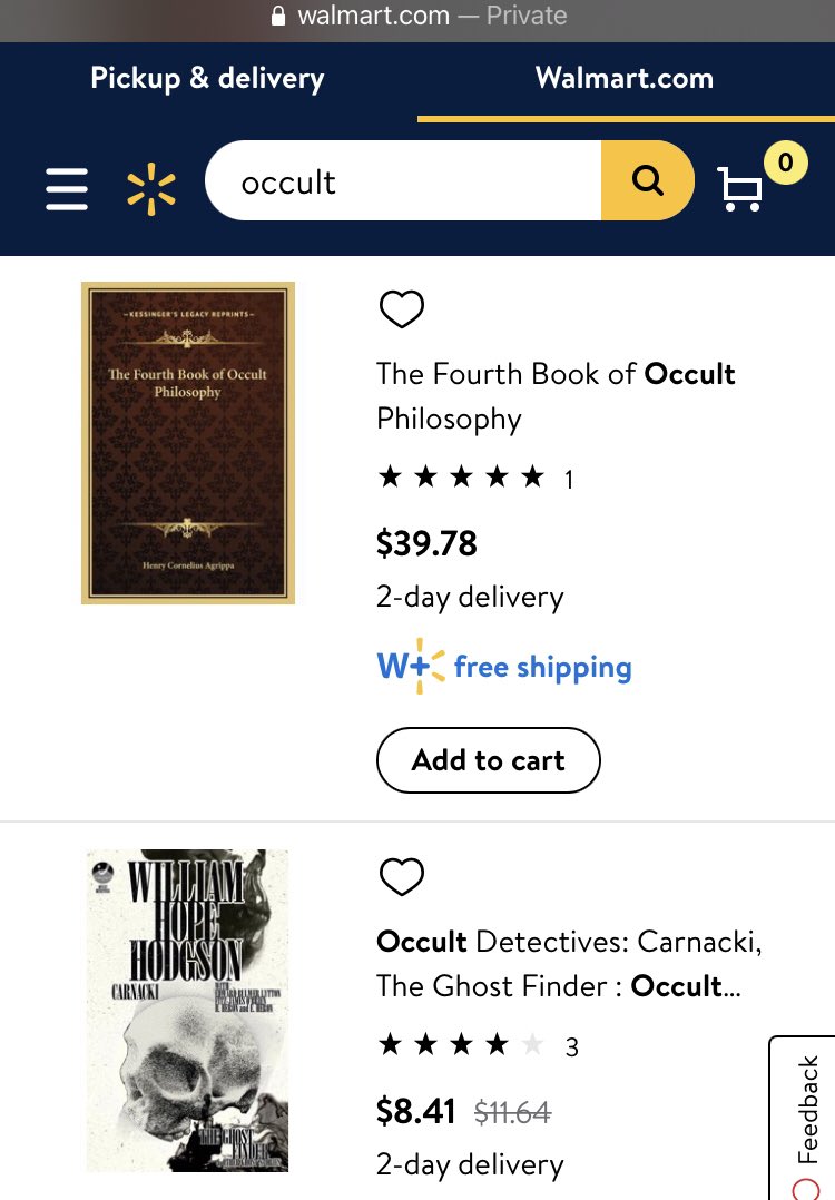  http://Walmart.com  search: “occult,” 1000+ hits. These seem to be nearly all books. Many self-published works, a strange mixture of works for occultists and citations in genre fiction, as well as at least a few academic treatments of the occult.