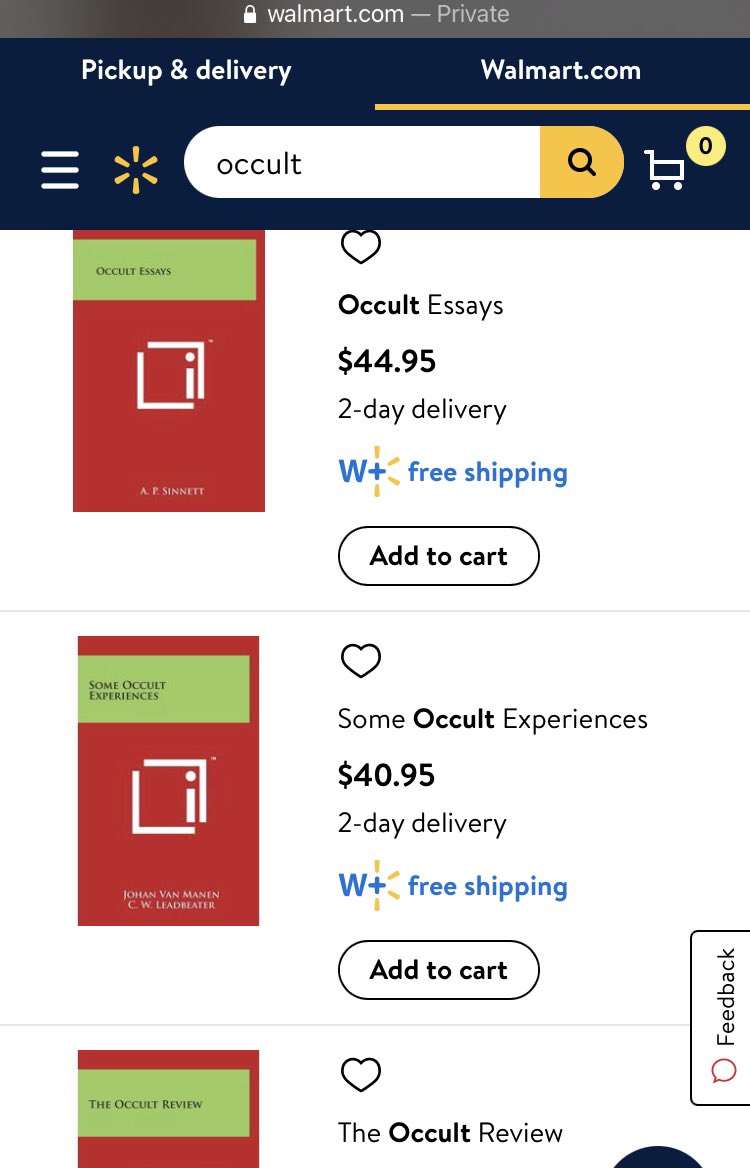  http://Walmart.com  search: “occult,” 1000+ hits. These seem to be nearly all books. Many self-published works, a strange mixture of works for occultists and citations in genre fiction, as well as at least a few academic treatments of the occult.