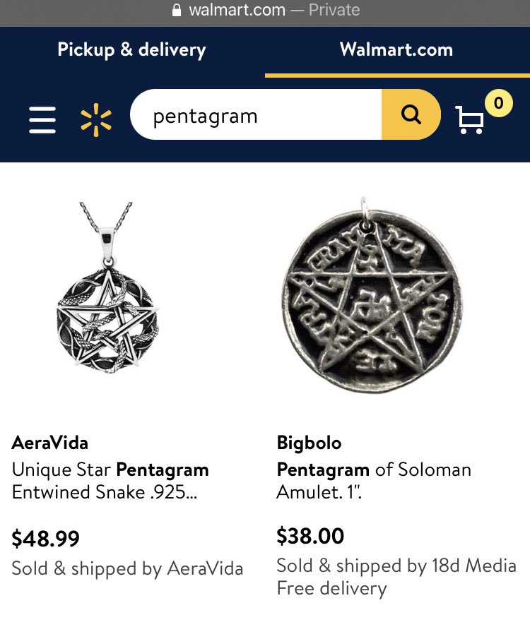  http://Walmart.com  jewelry section search: “pentagram,” 352 hits. The vast majority are point up pentagrams (that is to say, spirit affirming “white magic”) perhaps one in every 25 being point down (matter affirming and potentially Satanic).