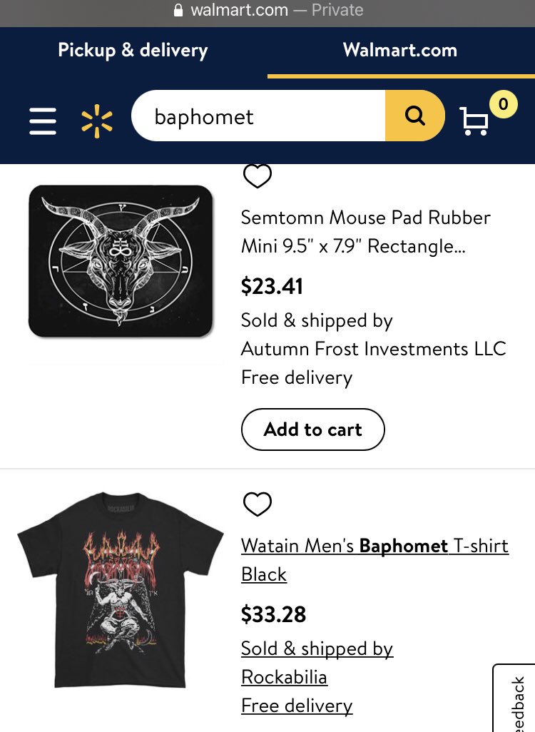 http://Walmart.com  search: “baphomet,” 77 hits. It’s a deep cut, so I was surprised to find anything. These are a mix of subcultural items for spooky kids, with some actual ritual oils and sacred texts thrown in.