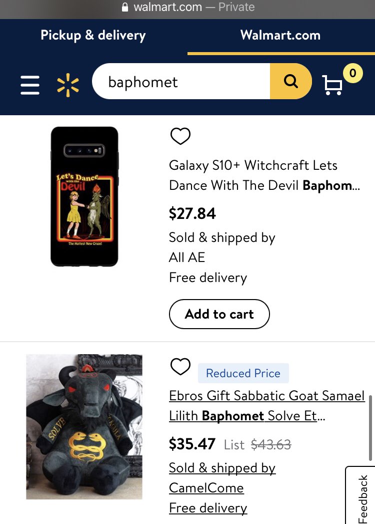  http://Walmart.com  search: “baphomet,” 77 hits. It’s a deep cut, so I was surprised to find anything. These are a mix of subcultural items for spooky kids, with some actual ritual oils and sacred texts thrown in.