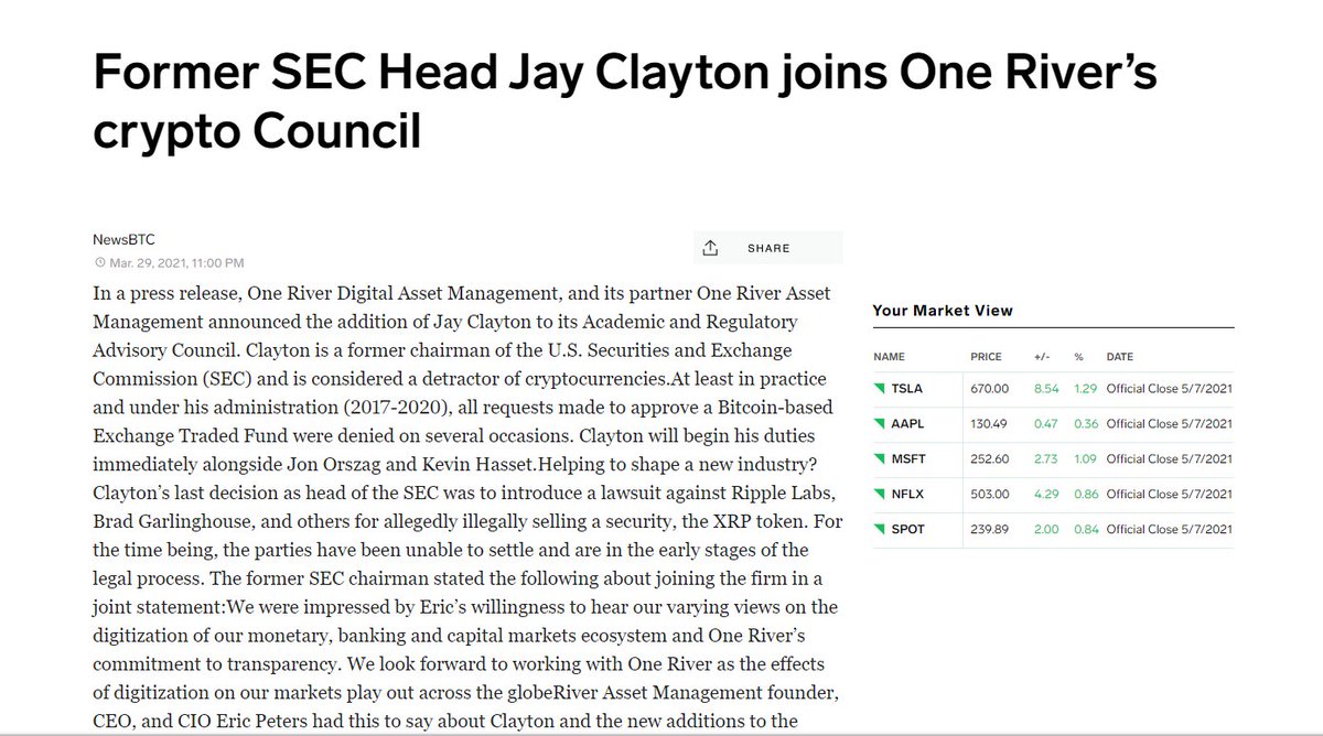 Just departed chairman of the Securities Exchange Commission? Where does he go, after kicking off enforcement action vs Ripple? To One River, a company that is a major investor in Bitcoin, a Ripple competitor. And Clayton joins who else at One River? Jon Orszag & Kevin Hassett