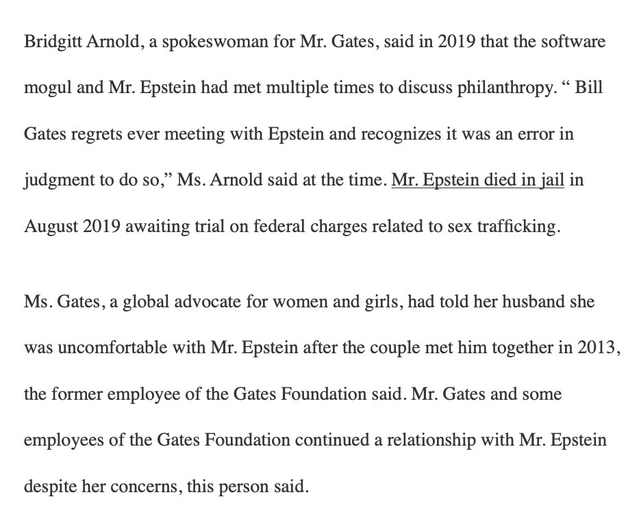 1. This excuse has never held up.Let's pretend for a moment that Epstein hadn't been a convicted sex offender. Even then, there would be no excuse for Gates to meet with Epstein as many times as he did. Bill Gates is the most powerful individual in global philanthropy.  https://twitter.com/yashar/status/1391451771516588032