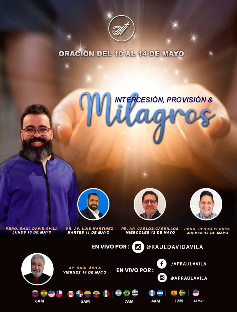 CCN_VEN's tweet photo. No te pierdas esta semana nuestra oración de madrugada “Intercesión, provisión y milagros” a las 6:00 am (hora de Venezuela 🇻🇪)
Conéctate por @rauldavidavila y el viernes por las plataformas digitales del @apraulavila 
Esta será una gran semana!!! https://t.co/ffWEWz50tJ