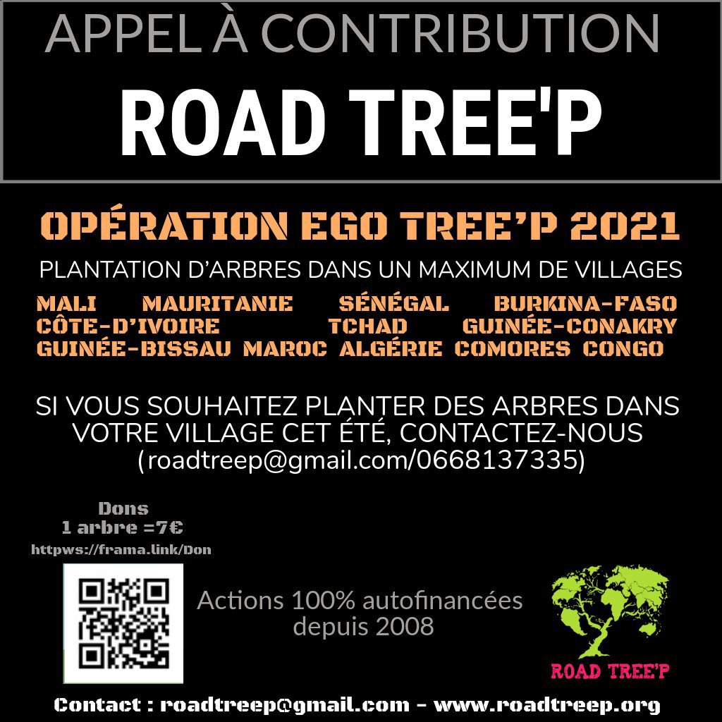 Appel à contribution et à participation pour la campagne Ego Tree’P de cet été.

Vous pouvez y participer de 2 manières :
- 1) Financer des plants d’arbres (1 arbre=7€)
- 2) Organiser une campagne de plantation dans votre village #roadtreep #fairesapart #planterdesarbres