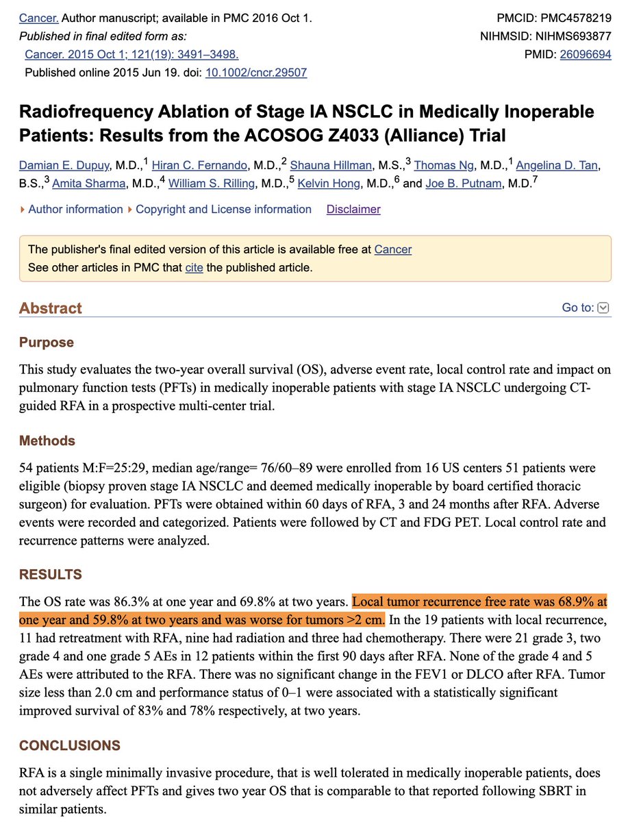 A few years before the RTOG 0236 reported a local tumor control rate of 91% with lung SBRT (2010), the Z4033 trial explored RFA as an alternative. The key findings reported in 2015 might be why we continue to prefer SBRT today.  #lcsm  #radonc  https://www.ncbi.nlm.nih.gov/pmc/articles/PMC4578219/