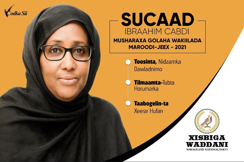1.Sucaad Ibraahim CabdiShe is the first person for our patrich elders to endorsed her. What I love about her she has been in grassroots for the longest but also the only politician who asked this important question.“Wadan ahaan - muxuu ahaa value proposition ka Somaliland?” 