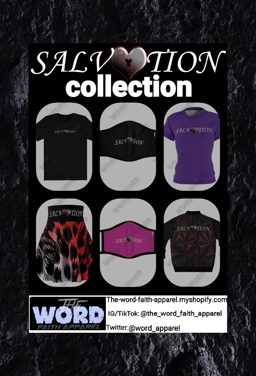 The Salv❤tion Collection from The Word Faith Apparel. Everything you need to celebrate your #salvation.
.
.
.
.
.
.
#thewordfaithapparel #jackets #tshirts #facemasks #christianclothing  #skaterskirts  #christianstore  #christianclothes #blackownedbusiness