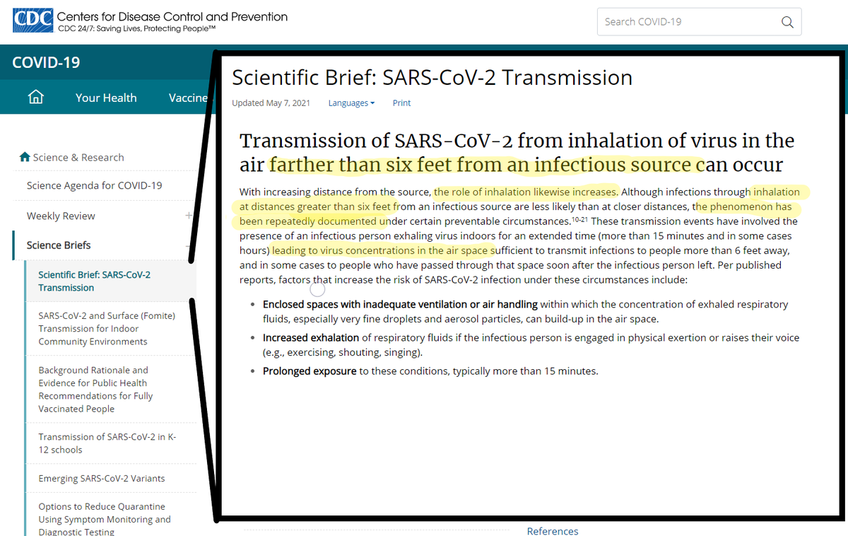 In the last week,  @CDCgov and  @WHO have finally updated their guidance to recognize *Aerosol Inhalation* as a primary mode of transmission. Both agencies NOW recognize short and long-range aerosol transmission; debunking the previous belief that close-contact = droplet.2\\