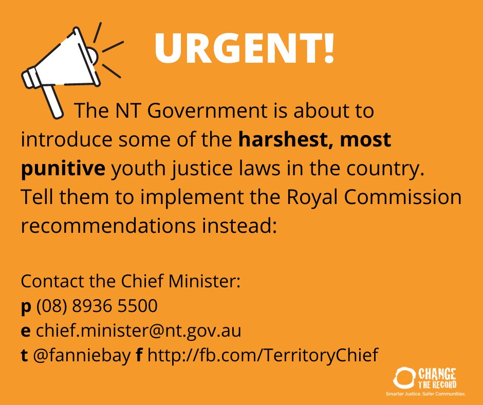 Change_Record's tweet photo. Okay Twitter, we need your help. The NT is on the brink of passing some of the most dangerous youth justice laws in the country. It takes just 2 minutes to call the NT Chief Minister and urge him to reconsider. All the info you need here >>  https://t.co/UgJHEUXclX https://t.co/4AsIIPpAUb