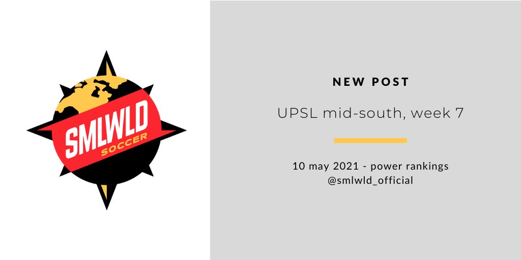 last but not least, the mid-south! a strong showing from one Nashville side puts them ahead of the other in the race for a top three spot. meanwhile, we might have new leaders in the power rankings... see for yourself here:  https://smallworldsoccer.home.blog/2021/05/09/power-rankings-upsl-mid-south-week-7/