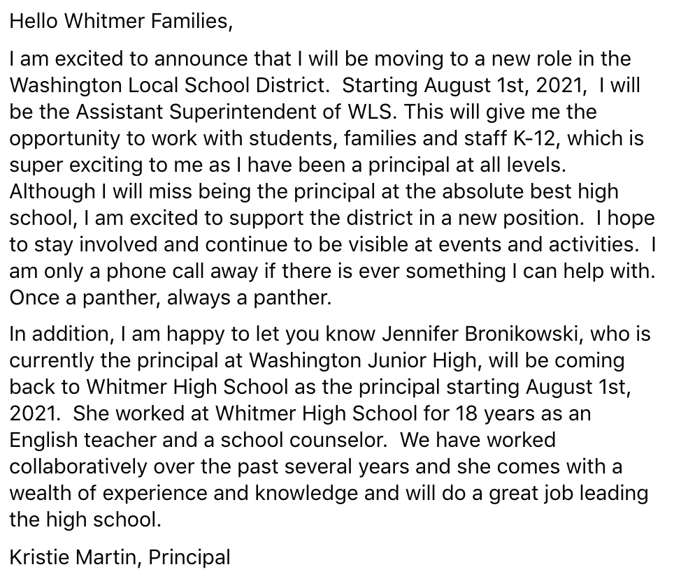 Whitmer_HS's tweet photo. Check out the WHS Family Message below from Principal Kristie Martin ⤵️ https://t.co/xbmy6yYxTD