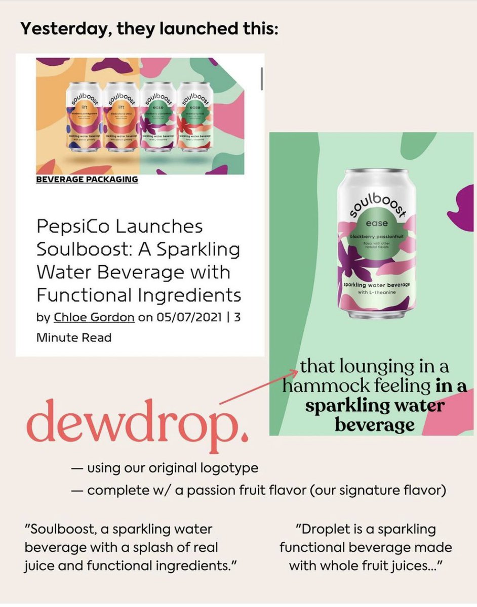 lissijean's tweet photo. Another example of a corporation completely ripping off a small business. @PepsiCo bullied this small, women-owned business into giving up their trademark and then copied their product and brand after asking for a free sample. Read the whole thing here: https://t.co/igiOoGcaTj https://t.co/K2zDqPMUYo