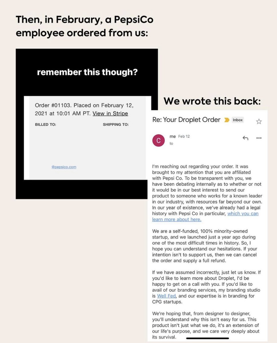lissijean's tweet photo. Another example of a corporation completely ripping off a small business. @PepsiCo bullied this small, women-owned business into giving up their trademark and then copied their product and brand after asking for a free sample. Read the whole thing here: https://t.co/igiOoGcaTj https://t.co/K2zDqPMUYo