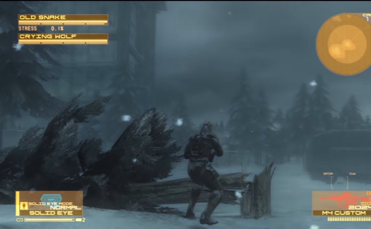 of the map encourages use of the Solid Eye and the Sniper Rifle. This battle is really thrilling given the forested woods, the building you can climb onto, the snowy trench location, there is so much variety in this arena that it's practically an extension of Wolf herself.