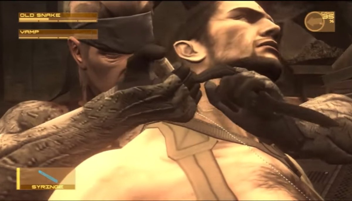 that in order to actually defeat Vamp, you need to use the nanomachine injection on Vamp by grabbing him and using the action button. This is a really unique way to take a boss down, however it's not as dynamic as his MGS2 battle. Glad Raiden got to fight Vamp afterwards though.