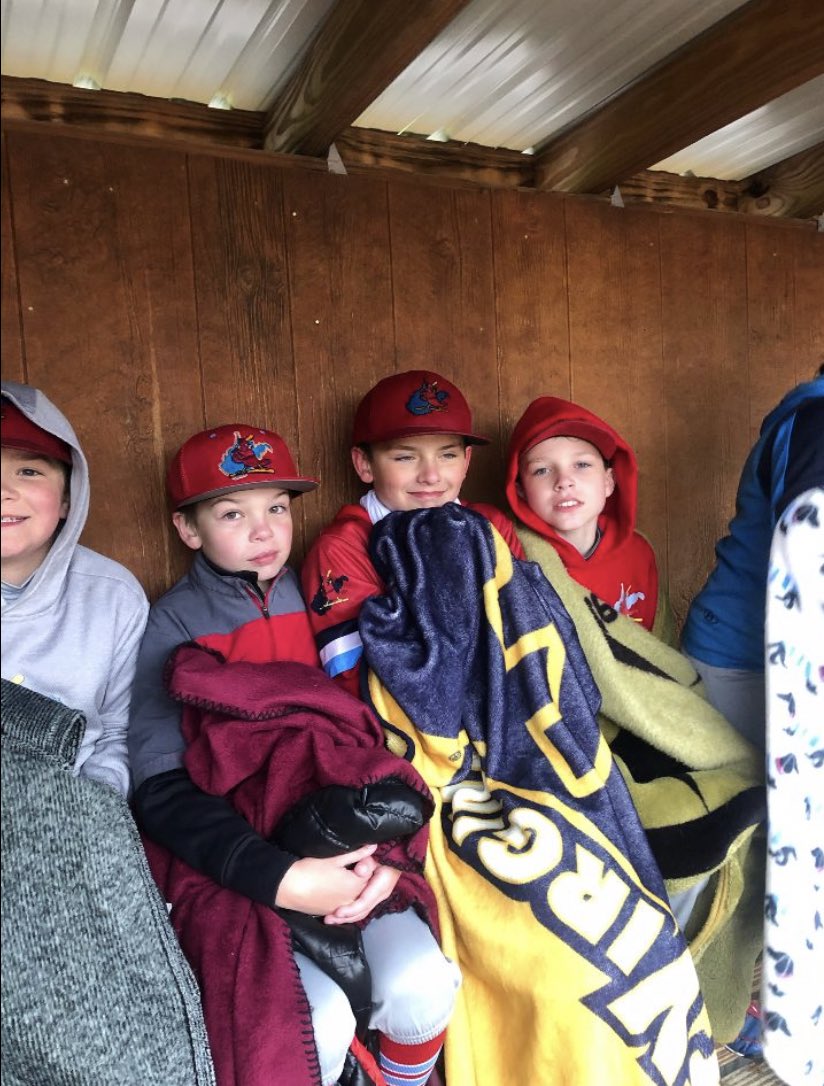 Congrats to the 10U Redbirds who rebounded from an 0-2 Saturday to being co-champs today in their 1st lead-off tournament. The boys played great despite temps in the 30s, hard rain, and needing blankets to stay warm in the dugout. Congrats boys and happy Mother’s Day to our moms.