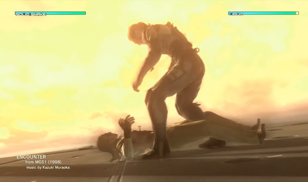 This battle uses a combination of cutscenes and gameplay to really sell home that dramatic finish. Music from MGS1, MGS2, and MGS3 play in each phase, representing each game Ocelot appeared in. Starting with the MGS1 boss theme of which you battle Ocelot to in MGS1.