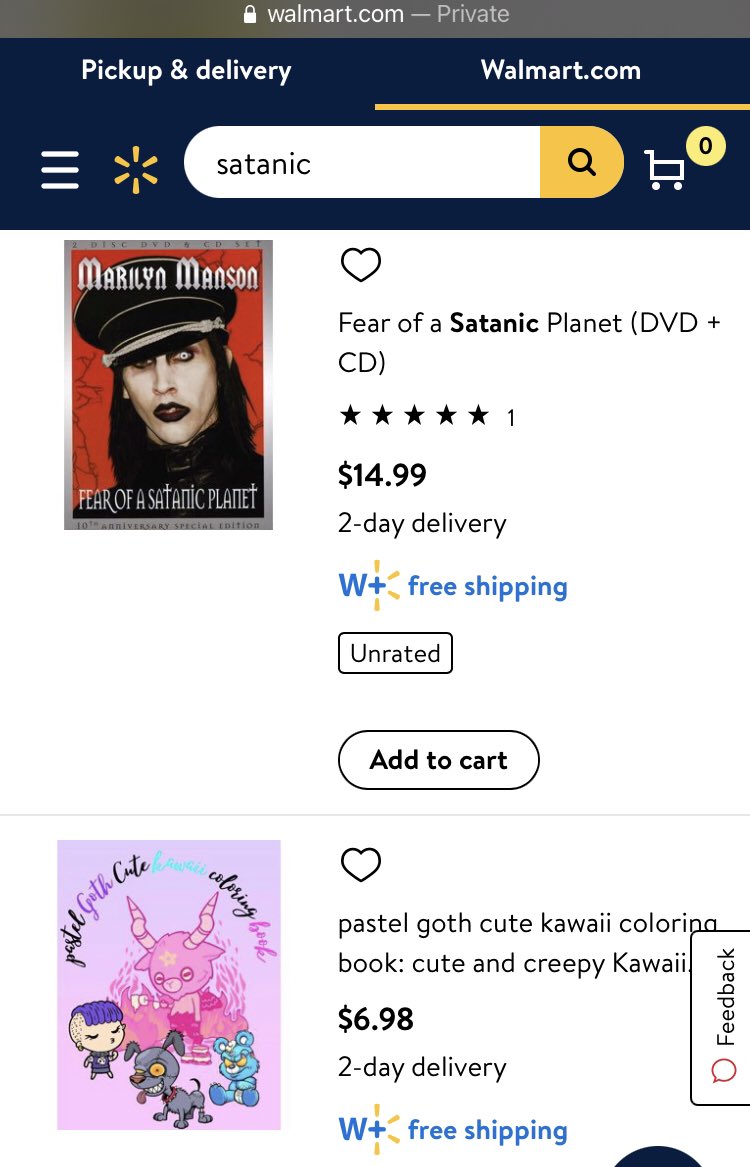  http://Walmart.com  search 1: “Satanic,” 274 hits. A wild mixture of, yes, ritual and doctrinal guides for actual Satanists, but also anti-Satanic prayer guides for Christians, as well as literary, and ironic applications of Satanic imagery