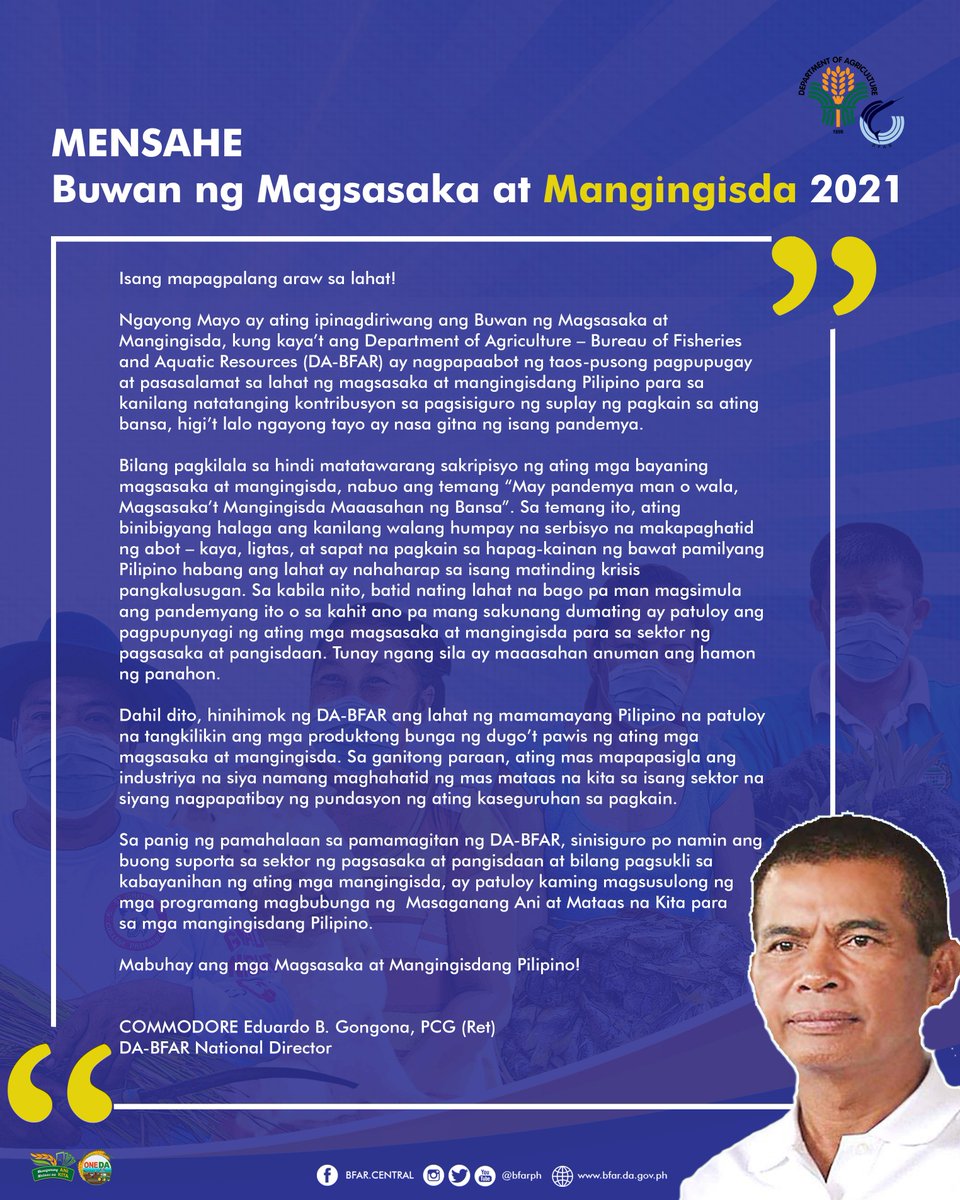 bfarph's tweet photo. BASAHIN: Ang mensahe ni BFAR National Director Eduardo B. Gongona sa pagdiriwang ng Buwan ng Magsasaka at Mangingisda 2021 https://t.co/BjTZgX9zxC