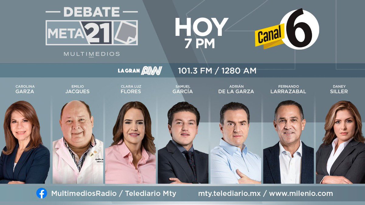 No te pierdas el #DebateMETA21 con los candidatos a gobernador en #NuevoLeón, síguelo en web, radio, tele y redes sociales a través de la multiplataforma de MULTIMEDIOS a las 19h. @Milenio @mileniotv bit.ly/3nEWuf3 @telediario @multimediostv bit.ly/2QGdSnH