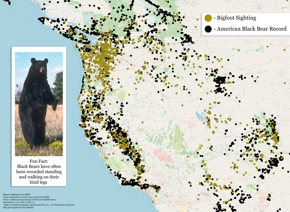 simongerman600's tweet image. Map compares Bigfoot sightings vs Black Bear records. Clearly Black Bears are in cahoots with Bigfoot! What else could you possibly conclude from this map? Source: buff.ly/3xCqug7