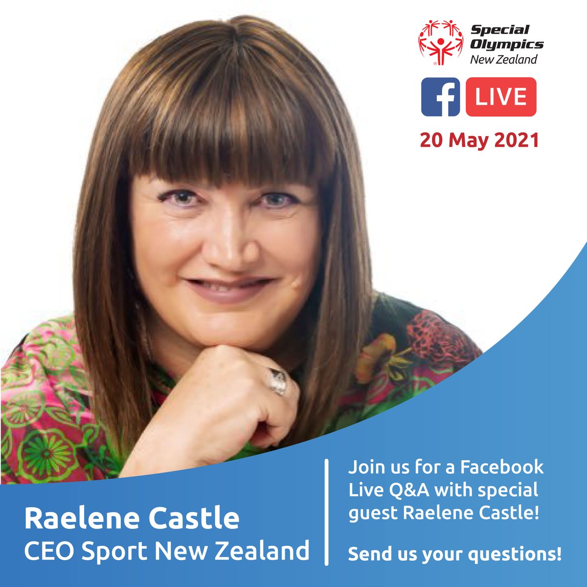 We're thrilled to have CEO of <a href="/SportNZ/">Sport NZ</a> <a href="/raelenecastle/">Raelene Castle</a> join us for a Facebook Live Q&amp;A on the 20 May 👏🙌

Do you have any questions you want to ask her? Let us know or join us at facebook.com/SpecialOlympic…