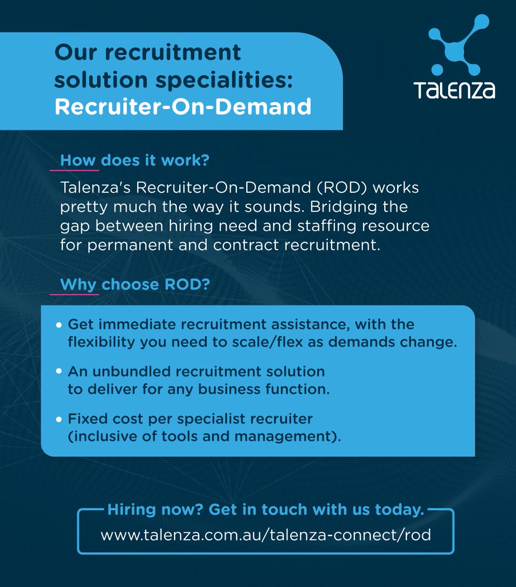 Have a project that requires you to scale quickly? We have the answer! Check out our Recruiter on Demand offering, here 👉 talenza.com.au/talenza-connec… 
#RecruitmentDoneDifferently