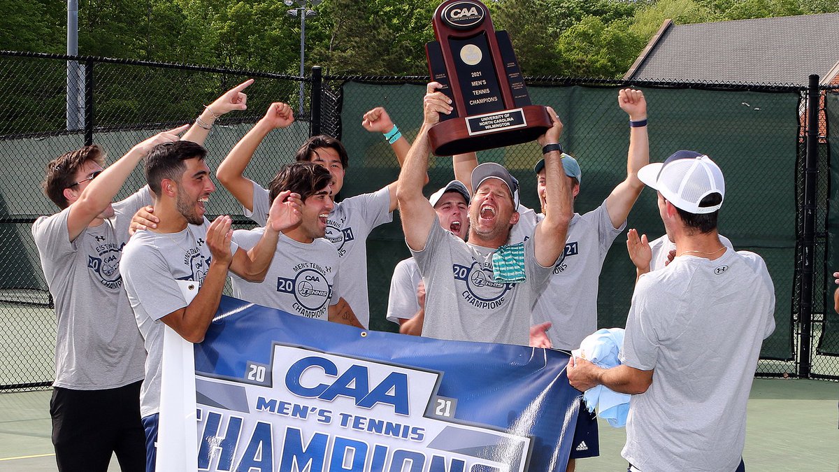 UNCWAthletics's tweet image. How sweet it is! Lucky number 7 for @UNCWMensTennis after a thrilling 4-3 victory over @WMTribeMTennis in the #CAAChamps title match Sunday in Williamsburg.

📰 |  bit.ly/3nGLrSl

#HawkYeah #UNCW