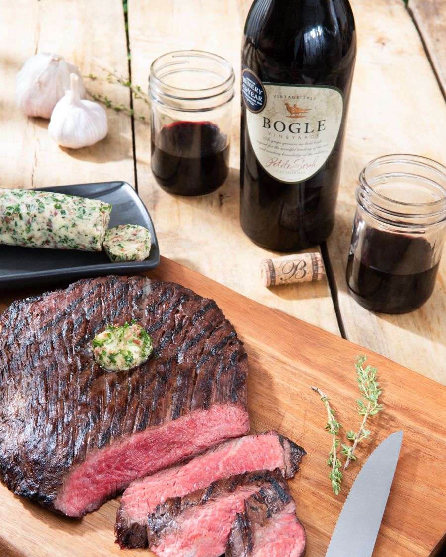 Petite Sirah pairs perfectly with Grilled Flank Steak. Top it with Bacon and Chive butter and you're sure to impress any guest. Cheers!