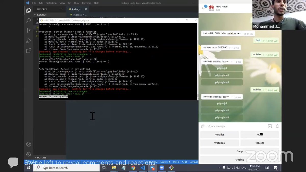 gdgnajaf's tweet photo. Amazing workshop conducted by #MohammedJawad✨on “Create #Telegram bot with #Javascript”, we talked about how to Install the necessary Libraries and Packages, Create the bot, set the username, bot picture and the commands, what're the bot keyboards, and other things.🔥
#gdgnajaf https://t.co/M3C3rzfq5c